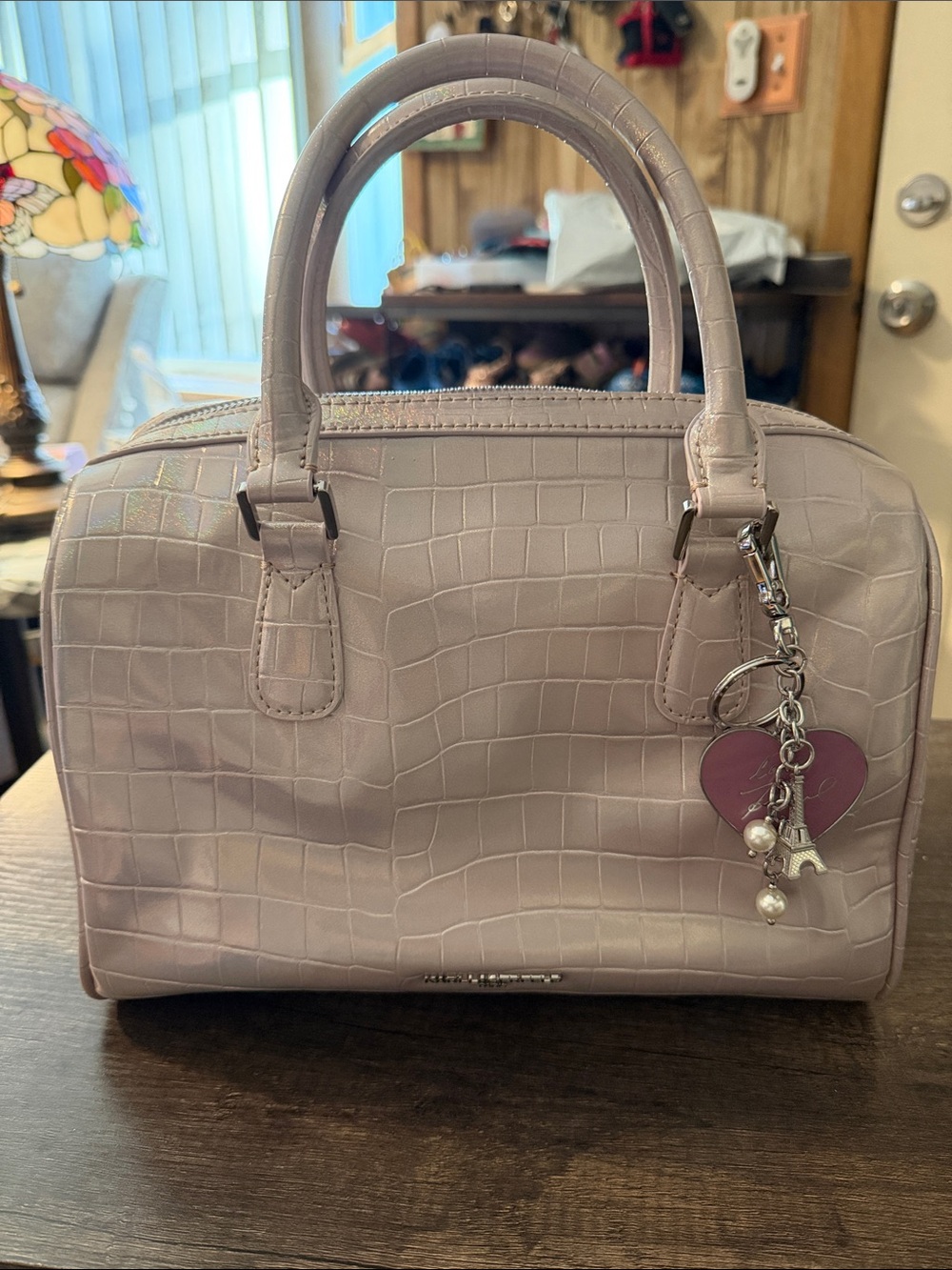 Karl Lagerfeld Iridescent Light Pink Croc-Embossed Satchel